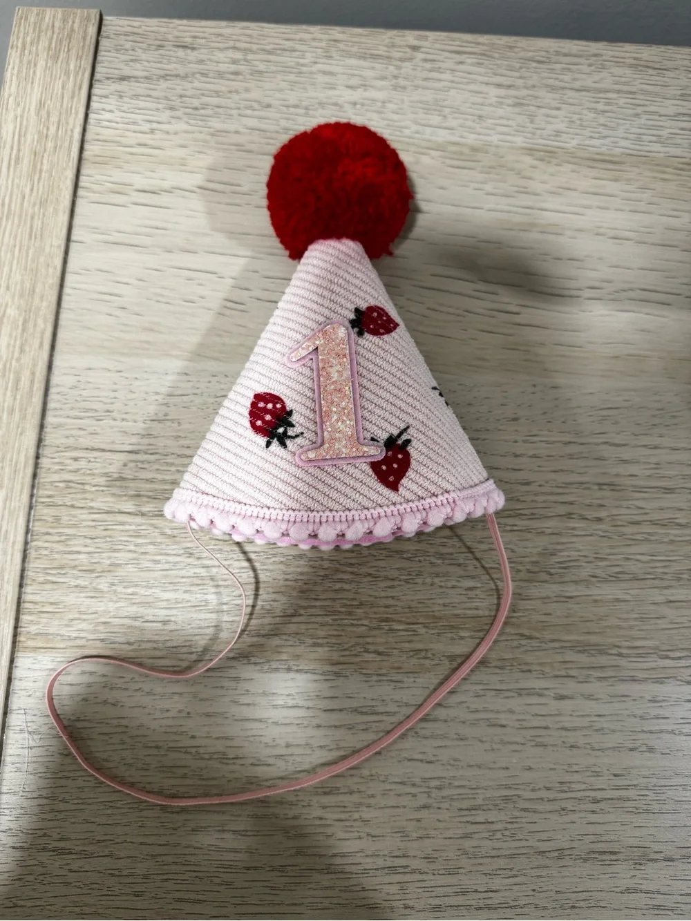 Kids 1st Birthday Strawberry Party Hat - Pink with Red Pom Pom